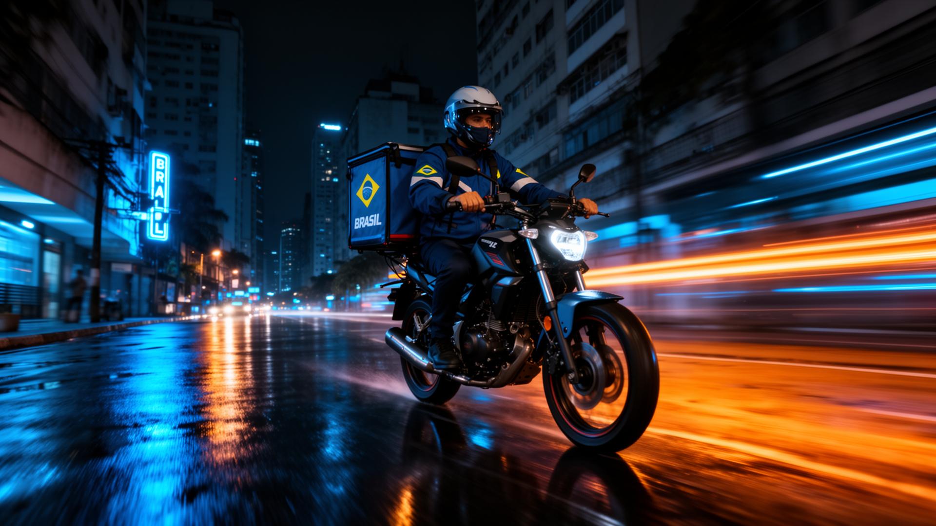 Motoboy em entrega urbana noturna